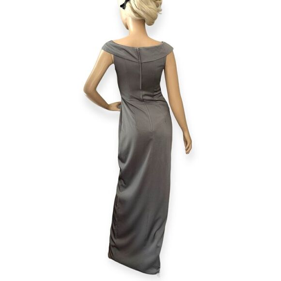 LA FEMME Surplice Off The Shoulder Column Gown In Pewter Size 0 NEW - Picture 9 of 13